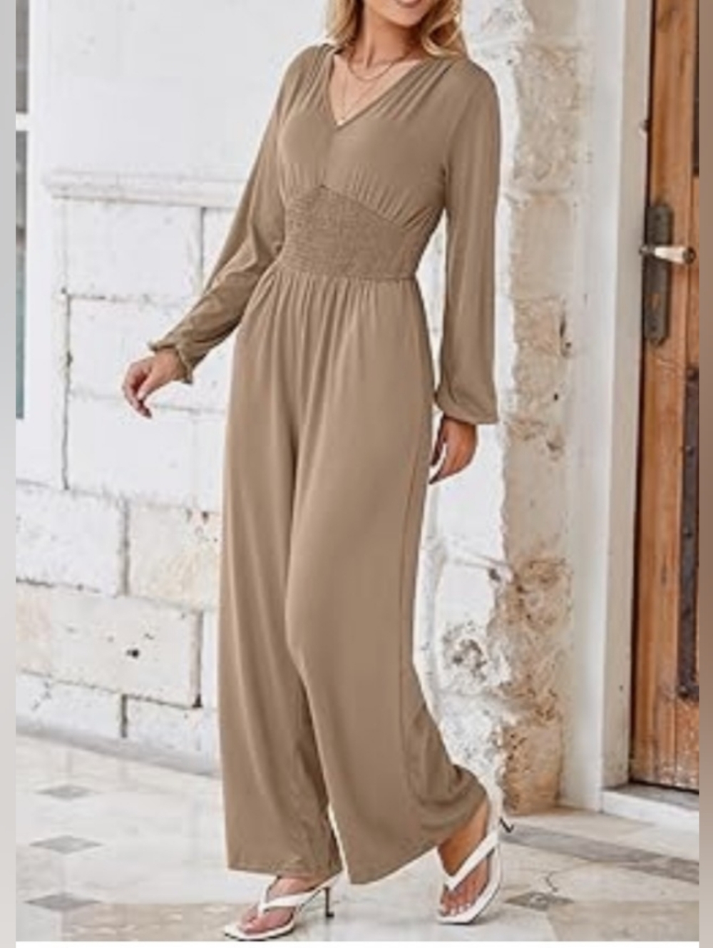 Boho NWT Ribbed Smocked Waist V-Neck Long Sleeve Wide Leg Jumpsuit in Tan